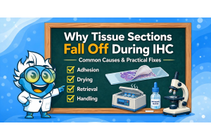 Text why tissue sections fall off during IHC, featuring a lab-themed chalkboard with checklist items (adhesion, drying, retrieval, handling), a curled tissue section on a slide, a microscope, retrieval buffer, heating device, and a cartoon 