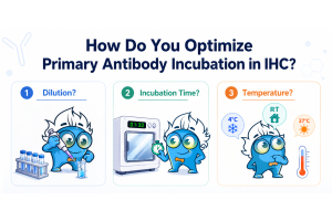 Infographic showing three key factors for optimizing primary antibody incubation in IHC: dilution, incubation time, and temperature.