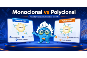 alt="Illustration comparing monoclonal and polyclonal antibodies for immunohistochemistry (IHC). Monoclonal antibodies recognize a defined epitope and offer cleaner localization with lower ambiguity, while polyclonal antibodies recognize multiple epitopes