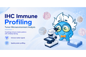 Illustration of IHC immune profiling for tumor microenvironment analysis showing antibody staining, spatial protein profiling, and a scientist mascot using a microscope.