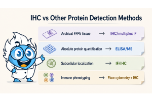 Infographic comparing IHC and other protein detection methods including ELISA, mass spectrometry, immunofluorescence, and flow cytometry.