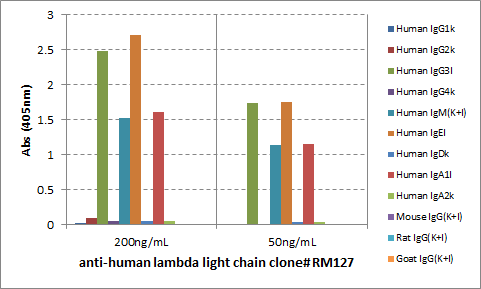  ELISA result showing specificityELISA of human immunoglobulins shows RM127 reacted to the lambda light chain of human immunoglobulins