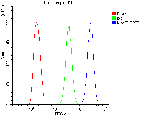 Flow Cytometry analysis of A431 cells using anti-MAVS antibody (A00169-1). Overlay histogram showing A431 cells stained with A00169-1 (Blue line).The cells were blocked with 10% normal goat serum. And then incubated with rabbit anti-MAVS Antibody (A00169-1,1μg/1x106 cells) for 30 min at 20°C. DyLight®488 conjugated goat anti-rabbit IgG (BA1127, 5-10μg/1x106 cells) was used as secondary antibody for 30 minutes at 20°C. Isotype control antibody (Green line) was rabbit IgG (1μg/1x106) used under the same conditions. Unlabelled sample (Red line) was also used as a control.