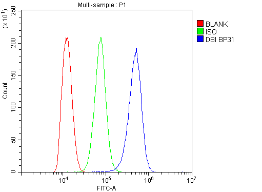 Flow Cytometry analysis of THP-1 cells using anti-DBI antibody (A01267). Overlay histogram showing THP-1 cells stained with A01267 (Blue line).The cells were blocked with 10% normal goat serum. And then incubated with rabbit anti-DBI Antibody (A01267,1μg/1x106 cells) for 30 min at 20°C. DyLight®488 conjugated goat anti-rabbit IgG (BA1127, 5-10μg/1x106 cells) was used as secondary antibody for 30 minutes at 20°C. Isotype control antibody (Green line) was rabbit IgG (1μg/1x106) used under the same conditions. Unlabelled sample (Red line) was also used as a control.