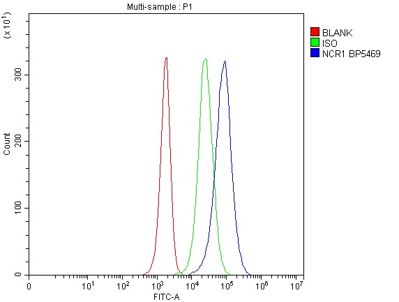 Flow Cytometry analysis of mouse spleen cells using anti-NCR1 antibody (A01516-2)