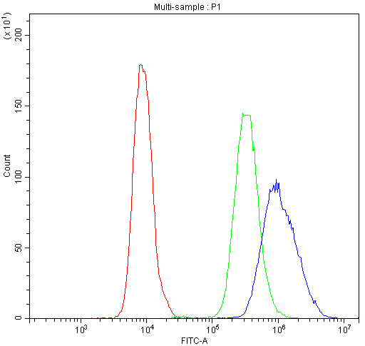 Flow Cytometry analysis of U20S cells using anti-NFATC4 antibody (A02599-1). Overlay histogram showing U20S cells stained with A02599-1 (Blue line).The cells were blocked with 10% normal goat serum. And then incubated with rabbit anti-NFATC4 Antibody (A02599-1,1μg/1x106 cells) for 30 min at 20°C. DyLight®488 conjugated goat anti-rabbit IgG (BA1127, 5-10μg/1x106 cells) was used as secondary antibody for 30 minutes at 20°C. Isotype control antibody (Green line) was rabbit IgG (1μg/1x106) used under the same conditions. Unlabelled sample (Red line) was also used as a control.