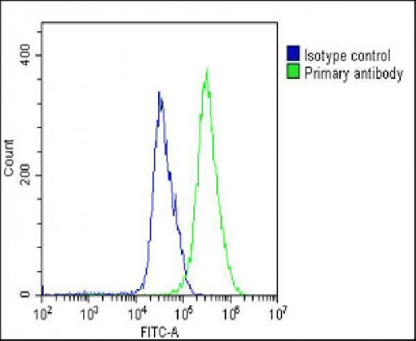 Overlay histogram showing U-251 MG cells stained with A10072-2 (green line)