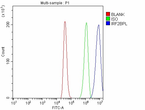Figure 9. Flow Cytometry analysis of HEL cells using anti-IRF2BPL antibody (A10706). Overlay histogram showing HEL cells stained with A10706 (Blue line). To facilitate intracellular staining, cells were fixed with 4% paraformaldehyde and permeabilized with permeabilization buffer. The cells were blocked with 10% normal goat serum. And then incubated with rabbit anti-IRF2BPL Antibody (A10706, 1 microg/1x106 cells) for 30 min at 20°C. DyLight®488 conjugated goat anti-rabbit IgG (BA1127, 5-10 microg/1x106 cells) was used as secondary antibody for 30 minutes at 20°C. Isotype control antibody (Green line) was rabbit IgG (1 microg/1x106) used under the same conditions. Unlabelled sample (Red line) was also used as a control.