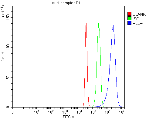 Figure 2. Flow Cytometry analysis of HepG2 cells using anti-Plasmolipin/PLLP antibody (A10793). Overlay histogram showing HepG2 cells stained with A10793 (Blue line). The cells were fixed with 4% paraformaldehyde and blocked with 10% normal goat serum. And then incubated with rabbit anti-Plasmolipin/PLLP Antibody (A10793, 1 microg/1x106 cells) for 30 min at 20°C. DyLight®488 conjugated goat anti-rabbit IgG (BA1127, 5-10 microg/1x106 cells) was used as secondary antibody for 30 minutes at 20°C. Isotype control antibody (Green line) was rabbit IgG (1 microg/1x106) used under the same conditions. Unlabelled sample (Red line) was also used as a control. Figure 2. Flow Cytometry analysis of HepG2 cells using anti-Plasmolipin/PLLP antibody (A10793). Overlay histogram showing HepG2 cells stained with A10793 (Blue line). The cells were fixed with 4% paraformaldehyde and blocked with 10% normal goat serum. And then incubated with rabbit anti-Plasmolipin/PLLP Antibody (A10793, 1 microg/1x106 cells) for 30 min at 20°C. DyLight®488 conjugated goat anti-rabbit IgG (BA1127, 5-10 microg/1x106 cells) was used as secondary antibody for 30 minutes at 20°C. Isotype control antibody (Green line) was rabbit IgG (1 microg/1x106) used under the same conditions. Unlabelled sample (Red line) was also used as a control.