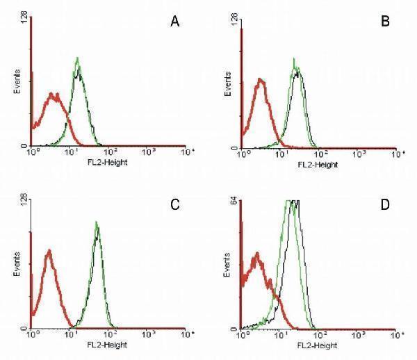 Flow cytometry analysis of Fas (CD95) expression on the surface of various hematopoietic cell lines with purified anti-human CD95 (LT95) (detection by Goat anti-mouse IgG1 PE)