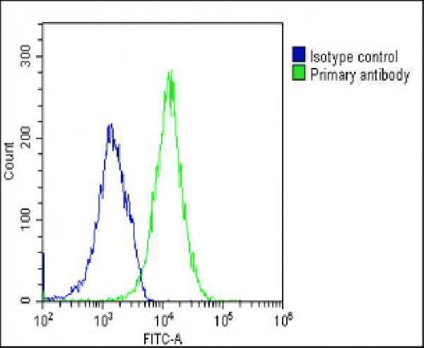 Overlay histogram showing U-2 OS cells stained with M00657-1(green line)