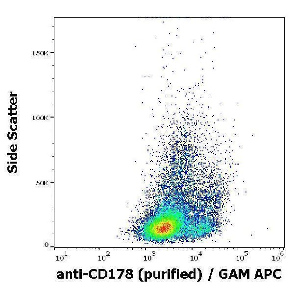 Flow cytometry surface staining pattern of FasL transfected L5178Y cells stained using anti-human CD178 (NOK-1) purified antibody (concentration in sample 9 µg/ml) GAM APC