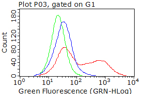 Living HEK293T cells transfected with either DCX (Myc-DDK-tagged) plasmid (red) or empty vector (blue) were immunostained by anti-DCX antibody (M01053-2) or isotype control antibody (green)