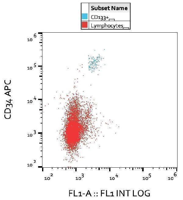 Flow cytometry analysis (surface staining) of human peripheral whole blood showing CD133 positive stem cells (blue) and lymphocytes (red) stained using anti-CD133 (W6B3C1) purified, GAM-FITC