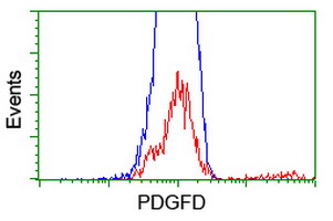 HEK293T cells transfected with either PDGFD (Myc-DDK-tagged) overexpress plasmid (Red) or empty vector control plasmid (Blue) were immunostained by anti-PDGFD antibody (M01875)