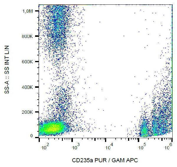 Flow cytometry analysis (surface staining) of CD235a in human peripheral blood (erythrocytes and leukocytes) with anti-CD235a (JC159) purified, GAM-APC