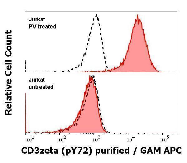  Anti-Hu CD3 zeta (p72) purified antibody (clone EM-26) works in Flow Cytometry application



Analysis of the antibody staining was performed on Jurkat cells treated or untreated with pervanadate (PV) prior to the fixation and permeabilization of cell suspension with cold methanol