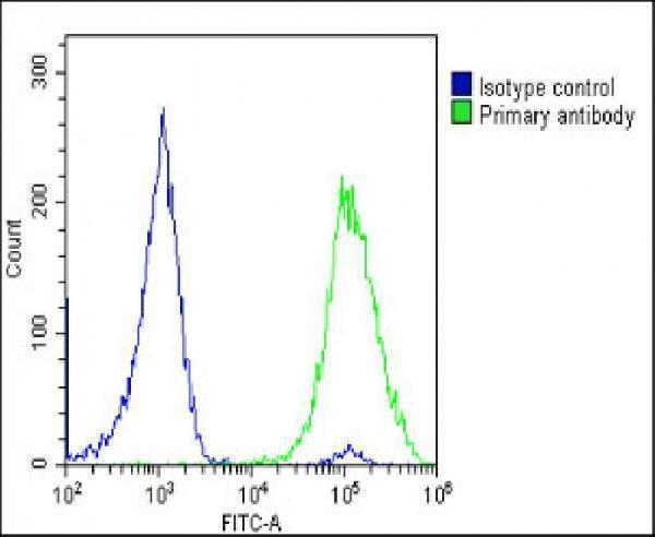Overlay histogram showing U-2 OS cells stained with M04850-1 (green line)