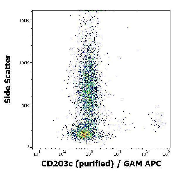 Flow cytometry surface staining pattern of IgE stimulated human peripheral whole blood stained using anti-human CD203c (NP4D6) purified antibody (concentration in sample 2 µg/ml, GAM APC)