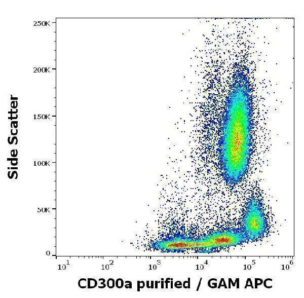 Flow cytometry surface staining pattern of human peripheral whole blood stained using anti-human CD300a (MEM-260) purified antibody (concentration in sample 4 µg/ml) GAM APC