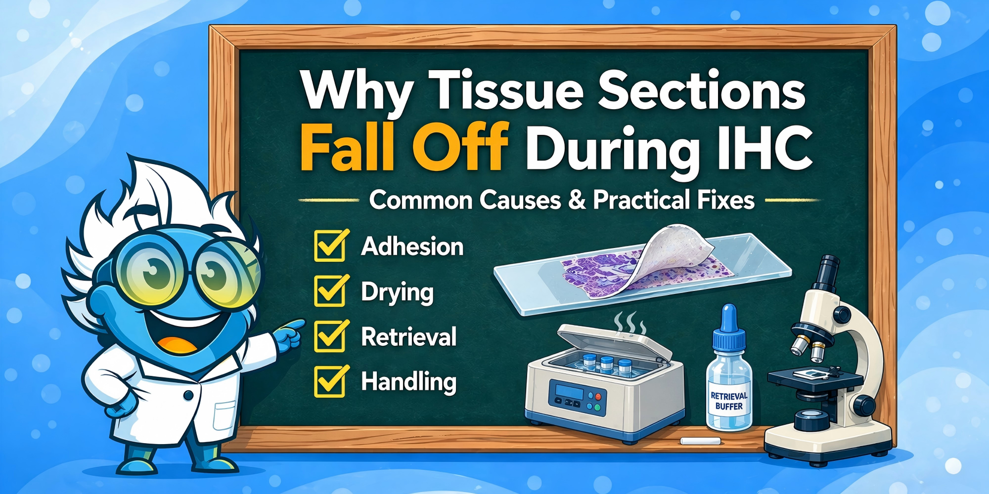 Text why tissue sections fall off during IHC, featuring a lab-themed chalkboard with checklist items (adhesion, drying, retrieval, handling), a curled tissue section on a slide, a microscope, retrieval buffer, heating device, and a cartoon 