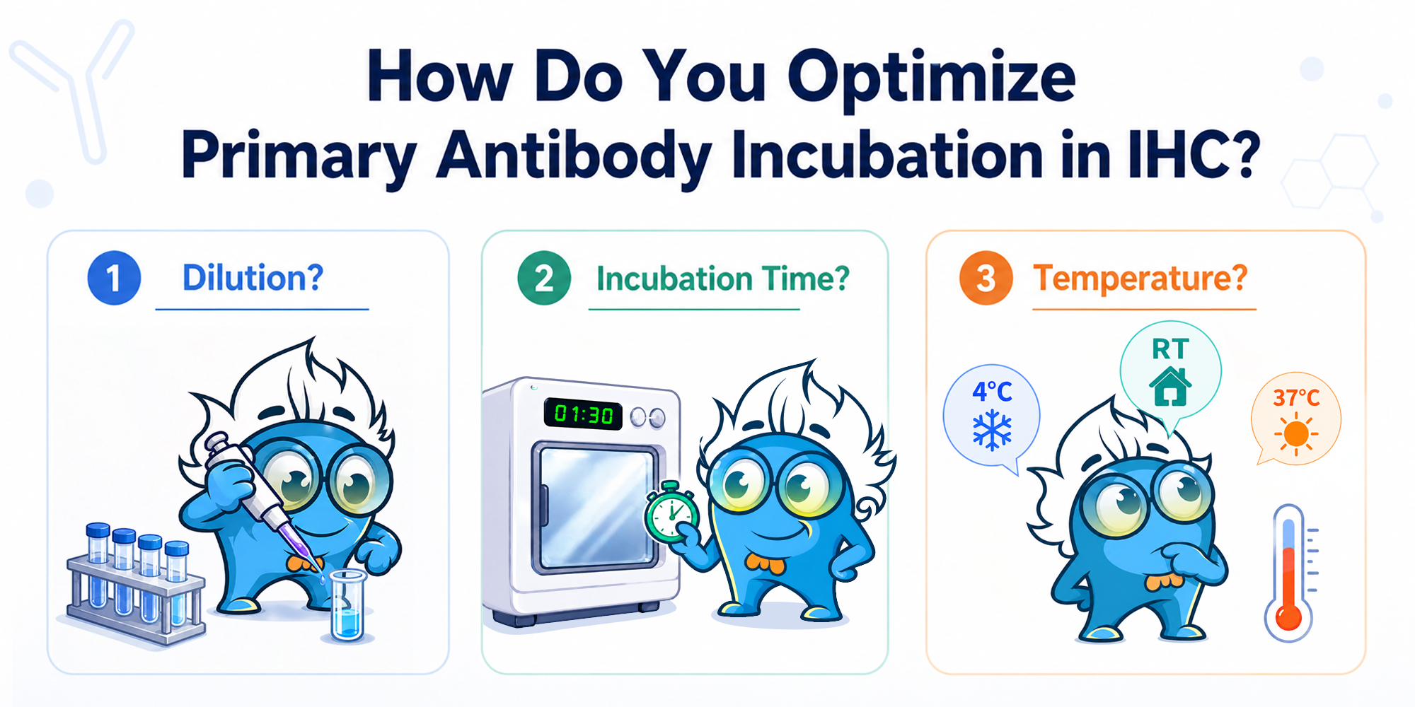 Infographic showing three key factors for optimizing primary antibody incubation in IHC: dilution, incubation time, and temperature.