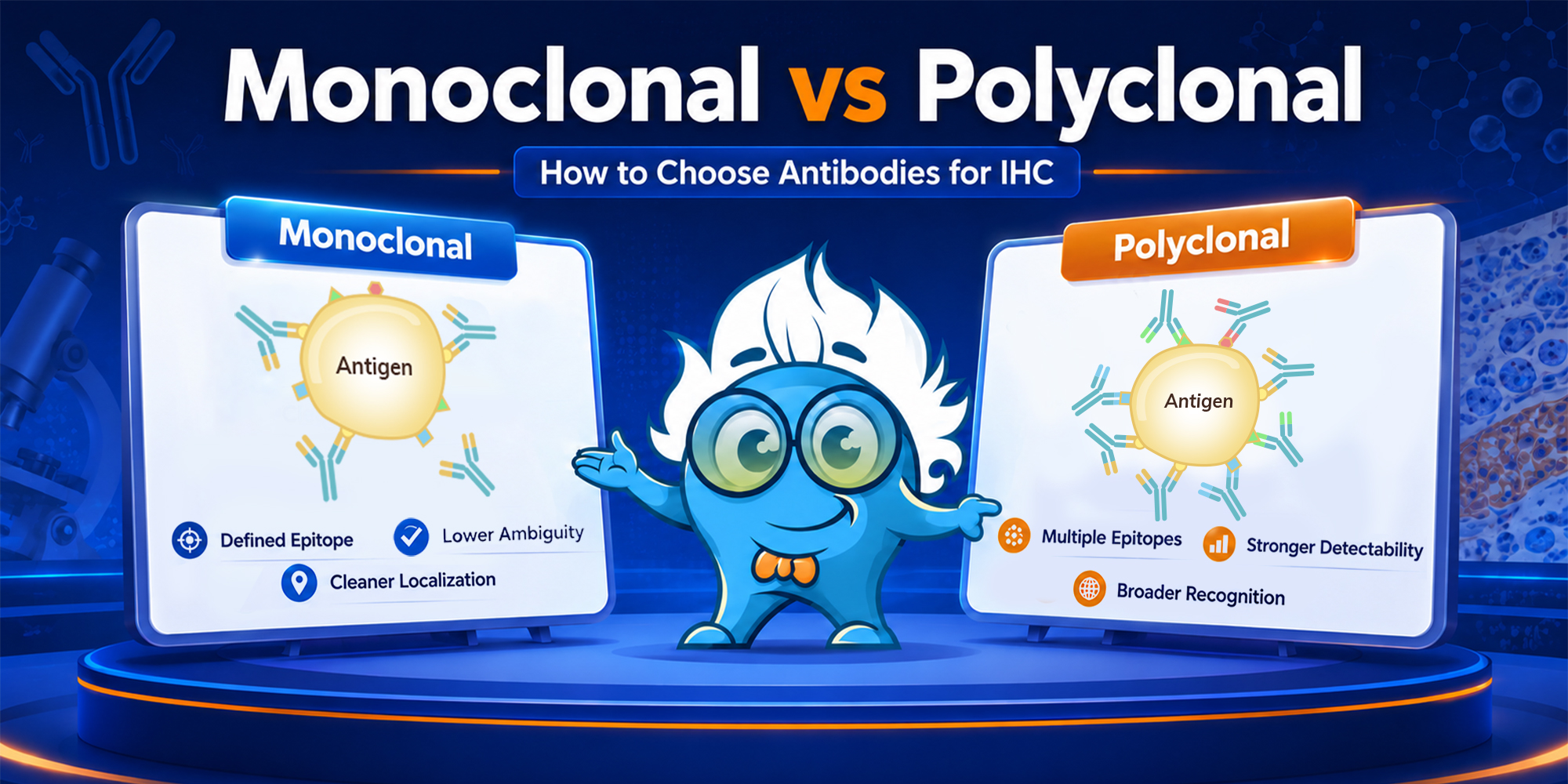 alt="Illustration comparing monoclonal and polyclonal antibodies for immunohistochemistry (IHC). Monoclonal antibodies recognize a defined epitope and offer cleaner localization with lower ambiguity, while polyclonal antibodies recognize multiple epitopes