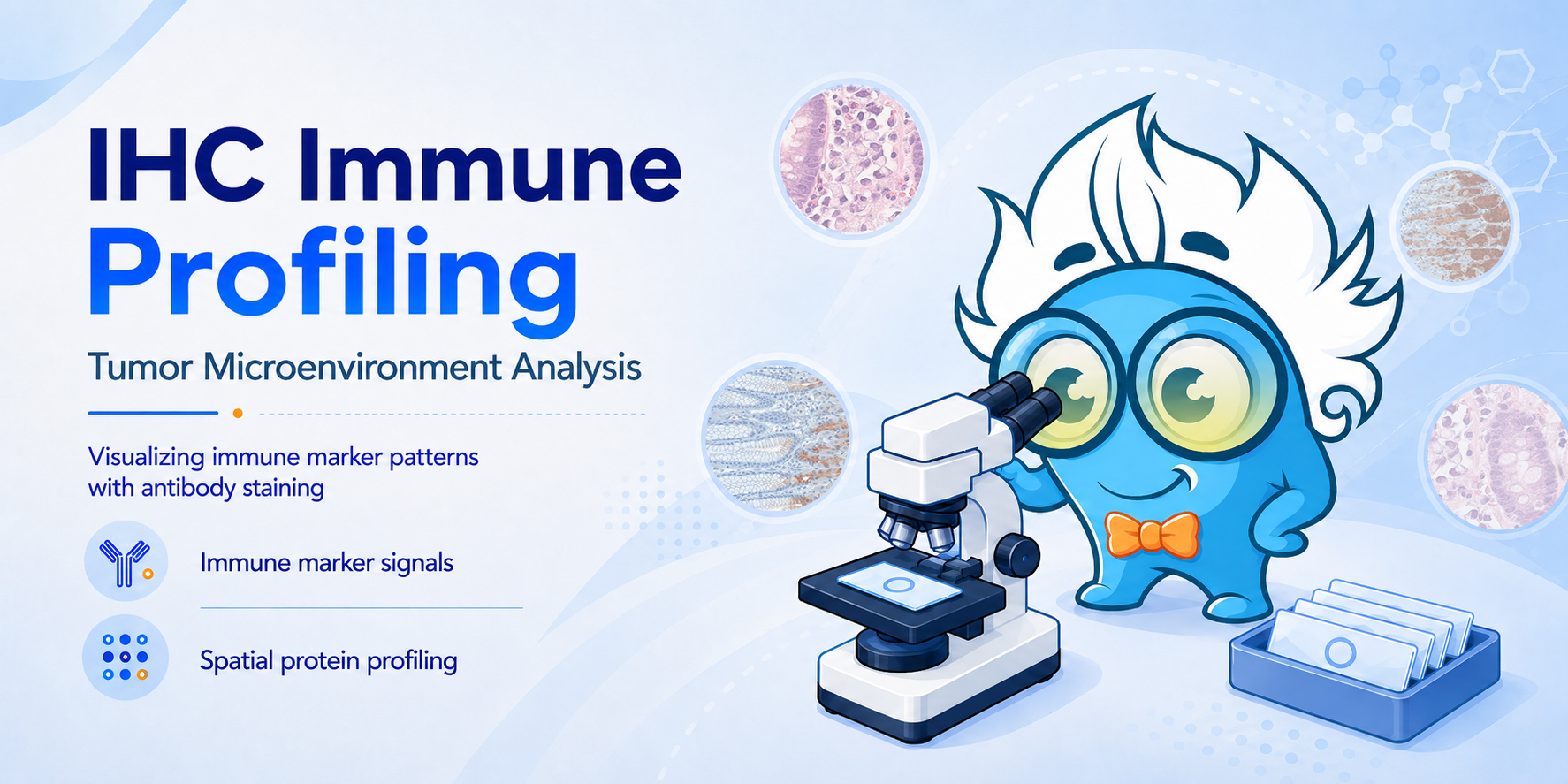Illustration of IHC immune profiling for tumor microenvironment analysis showing antibody staining, spatial protein profiling, and a scientist mascot using a microscope.